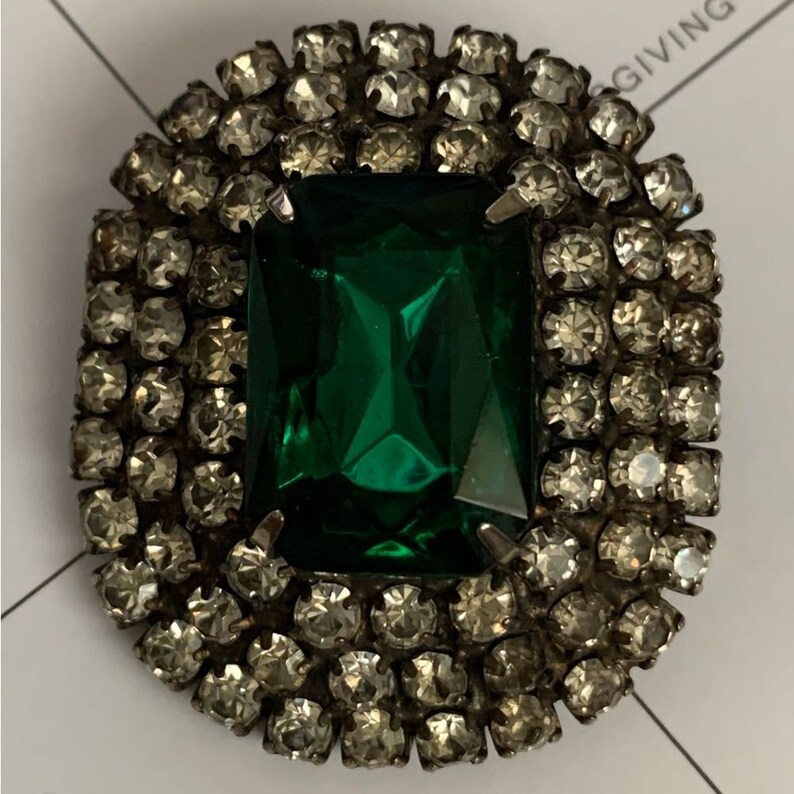 Antique Sterling Paste Simulated Emerald Diamond Brooch image 3