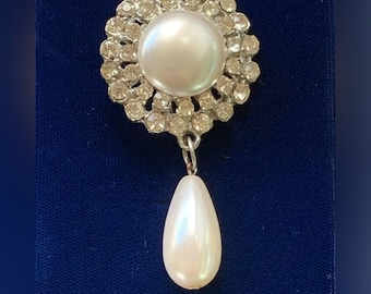 Vintage Drop and Dangle Rhinestone Mobe Faux Pearl Brooch As Seen On The Crown