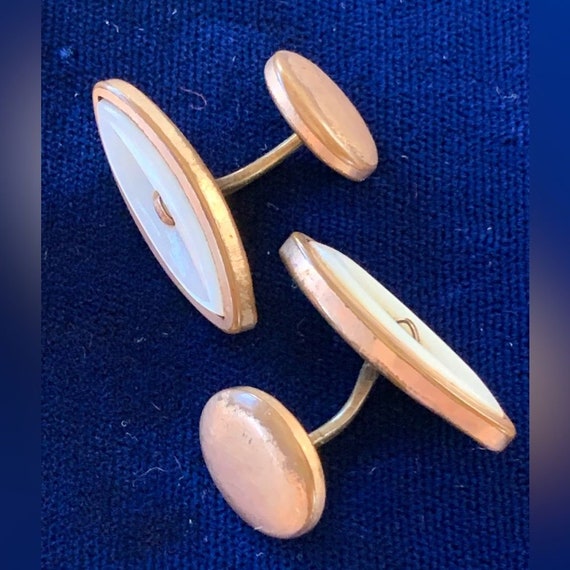 Antique Cuff Links Rolled Gold Plate Mother of Pearl View 2