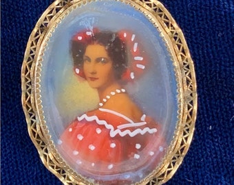 Antique 12kt Gold Filled Brooch with Hand Painted Portrait on Paper By TK