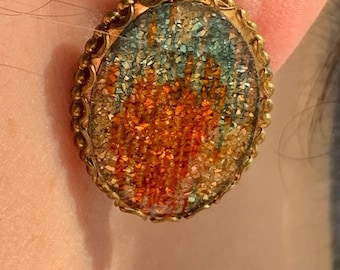Vintage Copper Teal Colored Glitter Abstract Screw Back Oval Earrings