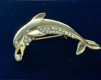 Vintage Rhinestone Dolphin Brooch