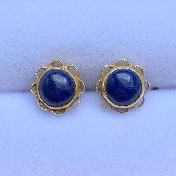 14k Lapis 5mm Cabochon Lazuli Stud Earrings - image 1