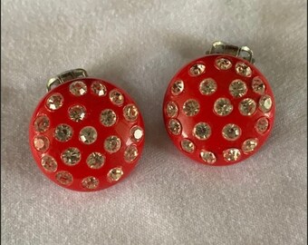 Vintage Red Celluloid Rhinestone Clip On Earrings