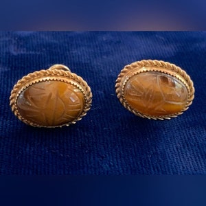 Vintage Dor 1/20 12k Gold Filled Tigers Eye Scarab Earrings