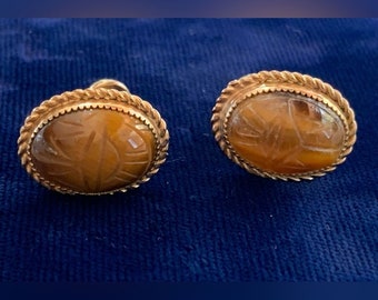 Vintage Dor 1/20 12k Gold Filled Tigers Eye Scarab Earrings