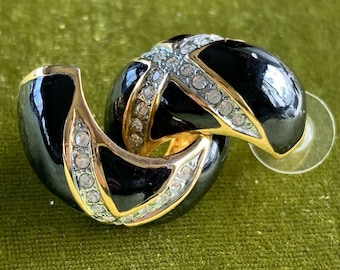 Vintage Black Enamel Rhinestone Costume Jewelry Earrings