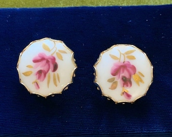 Hand-Painted Pink Flower Porcelain Earrings with Gold Trim