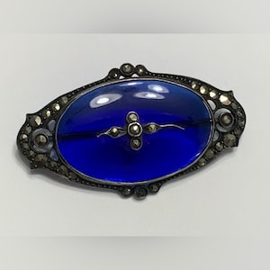 Rare Antique European Cobalt Blue Glass Marcasite 935 Argentium Silver Brooch