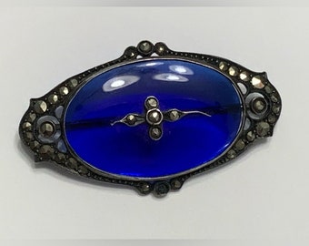Rare Antique European Cobalt Blue Glass Marcasite 935 Argentium Silver Brooch