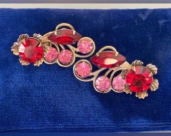 Vintage Pair of Matching Red Pink Rhinestone Brooches