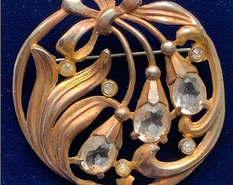 Antique Art Nouveau Gold Plated Brass Brooch