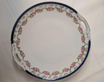 Antique Mosanic Bavaria Cake Plate | Pink Rose Garland, Cobalt Blue, Gold Trim (c. 1900)