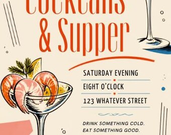 Midcentury Cocktail Supper Suite, Editable Canva Dinner Party Invitation, Menu and Place Cards