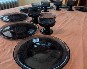 Fostoria Sorrento Smoke Glass Dessert Service – 13 Pieces, Bark Texture Plates & Glasses