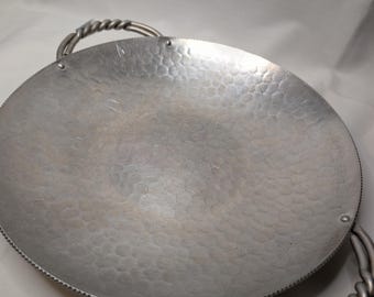 Vintage B.W. Buenilum Hammered Aluminum Serving Tray | Twisted Rope Handles, Mid-Century Serveware