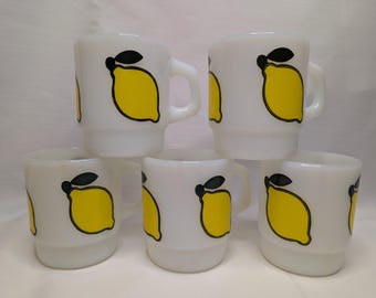 Vintage Fire-King Super Fruits Lemon Mugs Set of 5 | 1970s Anchor Hocking Milk Glass Set