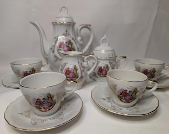 Vintage Japanese Demitasse Tea Set | Courting Couple Porcelain, Gold Gilt, 4 Cups, Saucers