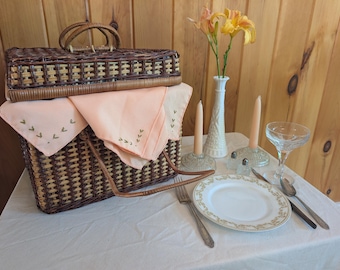 La Table No. 1 - Vintage Picnic Basket Set for 4 – Antique Bavarian China, Crystal Coupes, Hand-Embroidered Napkins