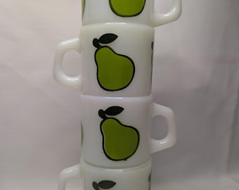 Vintage Fire-King Super Fruits Pear Mugs | Anchor Hocking Milk Glass Set of 4