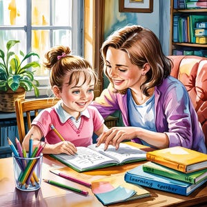 Mamma e bambino che fanno i compiti ad acquerello / PNG ad alta risoluzione / Clip art di mamma e bambino che studiano per adesivi, magliette e altro