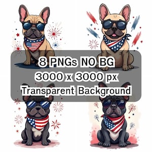 Französische Bulldogge Clip Art mit Hundehalstuch und Brille | USA Hunde Illustration für den 4.Juli |  PNG mit hoher Auflösung