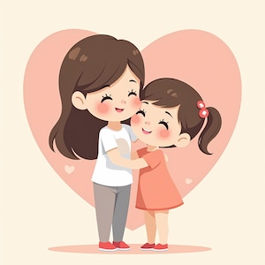 Umarmt Mama und Kind Clipart | Niedliches Cartoon-Stil PNG | Muttertag Digitaler Download | Transparent & Hintergrund | Sticker, T-Shirt Motiv