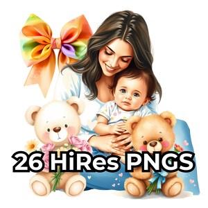 Pacchetto di clip art con mamma, orso e papillon / 26 PNG ad alta risoluzione / Clipart carine di mamma e bambino / Download digitale per adesivi, magliette e altro
