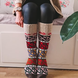 Handmade Wool Socks,Handmade Knitted Women Socks,Warm Winter Socks,Ethnic Wool Socks,Rainbow,Gift For Her,Handmade Gift,Below The Knee Socks