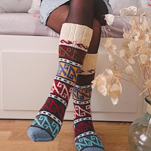 Handmade Wool Socks,Handmade Knitted Women Socks,Warm Winter Socks,Ethnic Wool Socks,Rainbow,Gift For Her,Handmade Gift,Below The Knee Socks