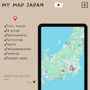 Mapa de viaje de Japón | Más de 120 lugares | Itinerario de Japón en Google My Maps: Tokio, Kioto, Osaka, Hiroshima, Nagoya, Nara, Himeji | Guía de viaje digital