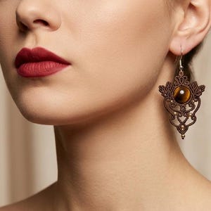 Boho Brown Macrame Earrings with Tiger's Eye Stone, Crystal Earrings, Leaf Jewellery, Godess Dangle Earrings,Healing Stone, Hypoalergenic