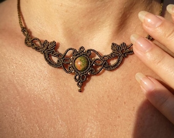 Boho Bronze Micromacrame Unakite Choker,Leaf Nature Inspire Magic Jewellery, Ajustable Natural Stone Necklace,Beaded Jewellery, Gift for her