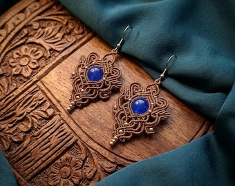 Boho Macrame Earrings With Blue Jade Stone,Handmade Dangle Earrings,Leaf Unique Design, Micromacrame Bohemian Beaded Jewellery,Hypoalergenic
