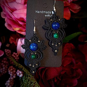 Macrame Earrings with Lapis Lazuli and Malachite Stone,Micromacrame Black Earrings, Macrame Crystal Earrings,Macrame Gemstone Leaf Earrings