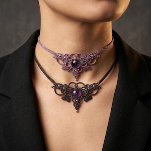 Brunt makraméhalsband, makraméhalsband med ädelstenar, litet makraméhalsband med ametiststen, fint halsband, personligt chokerhalsband med minimalism