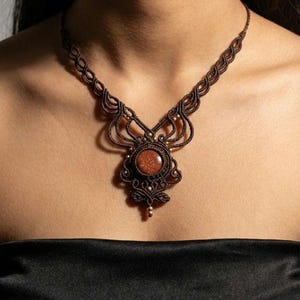 Macrame Necklace, Macrame Stone Necklace, Sunstone Micromacrame Necklace,Dark Brown Macrame Crystal Necklace,Collier Macrame with Sunstone