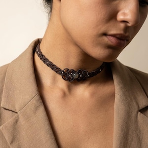Macrame Choker with Labradorite Stone, Minimalist Necklace, Small Micromacrame Jewellery, Dark Brown Crystal Choker, Beaded Jewellery