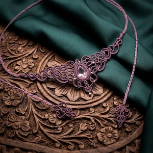 Crystal Macrame Necklace, Boho Choker, Pink Swarovski Stone, Victorian Style, Elegant Gift, Statment Purple Jewellery,Necklace for Women