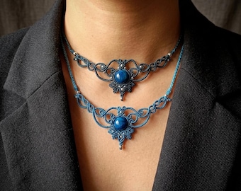 Collar de macramé, collar de macramé con ojo de tigre azul, collar de macramé de cristal, gargantilla de micromacramé delicada con piedra preciosa, collar victoriano