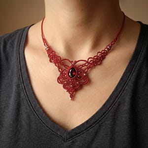 Handmade Red Macrame Necklace with Swarovski Elements, Silver Beaded Jewellery, Godess, Victorian Micromacrame Necklace, Gift for her