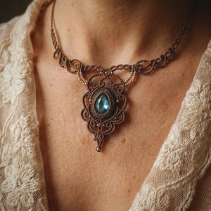 Handmade Macrame Necklace, Blue Swarovski Choker, Victorian Princess Necklace, Micromacrame Blue Stone Necklace, Elegant Statement Jewelry