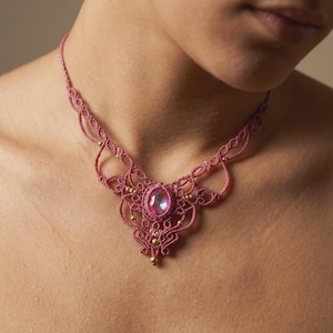 Macrame Necklace Choker, Pink Micromacrame Collier with Preciosa Crystal, Handmade Pink Crystal Macrame Necklace, Boho Small Macrame Choker
