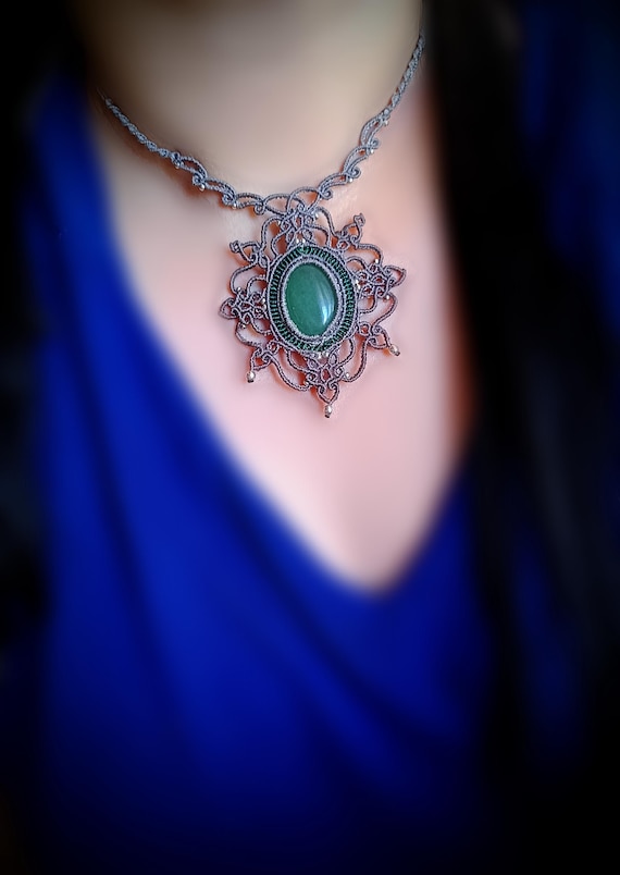 Macrame Necklace With Aventurine Stone, Mandala Design