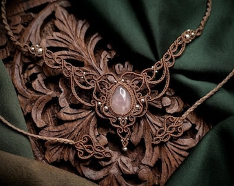 Macrame Collier, Macrame Necklace with Rose Quartz, Crystal Macrame Necklace, Delicate Micromacrame Choker With Gemstone, VictorianNecklace