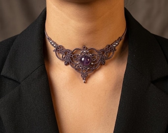 Collana in macramè fatta a mano, piccolo girocollo con ametista, stile principessa vittoriano in pizzo, collana boho con foglie, regalo spirituale personalizzato per lei
