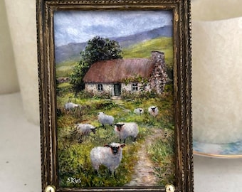 NEW Irish Sheep Cottage Miniature Art, Hand Painted & Signed Framed Print, Rustic Ireland Landscape,