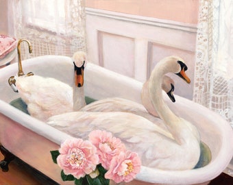 Swan Art Print, Camellias, Clawfoot Tub, Swans Print by Susan Rios