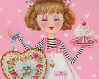 Sweet Pea Valentine, Valentine Card, Valentine Art Print, Vintage Valentine, Valentine Cupcake Girl, Valentine Apron