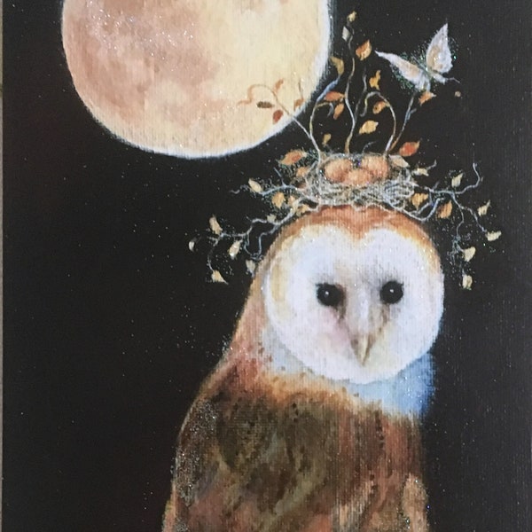 Own Art Print, Owl Wall Art, White Barn Owl Art, Moon Art, Owl and Moon Print, Owl and Crown Art